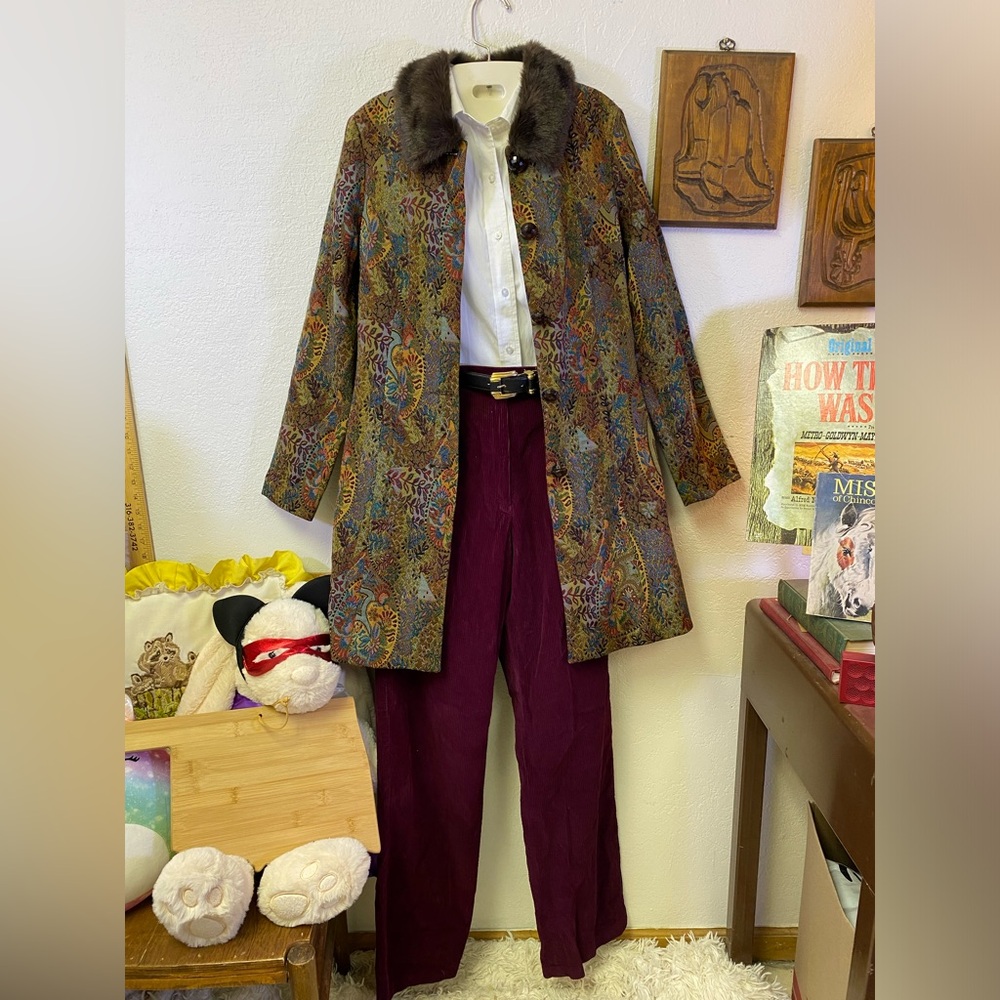 VTG Academia High Rise Corduroy Pant Tapestry Jacket Tailored Shirt Outfit XS/S